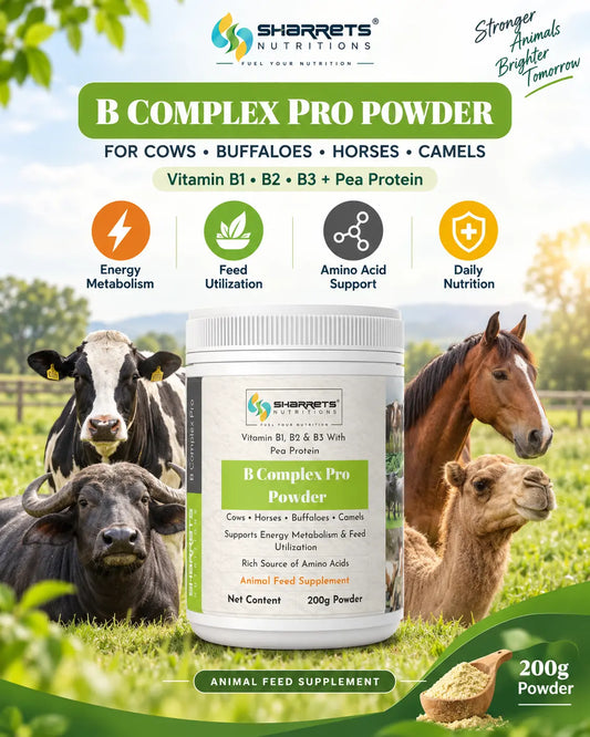 A 200g tub of Sharrets Nutritions B Complex Pro Powder for cows, buffaloes, horses, and camels, displayed on a promotional graphic with cows, a horse, and a calf in a grassy field, along with feature icons for energy, feed utilization, amino acid support, and daily nutrition.
