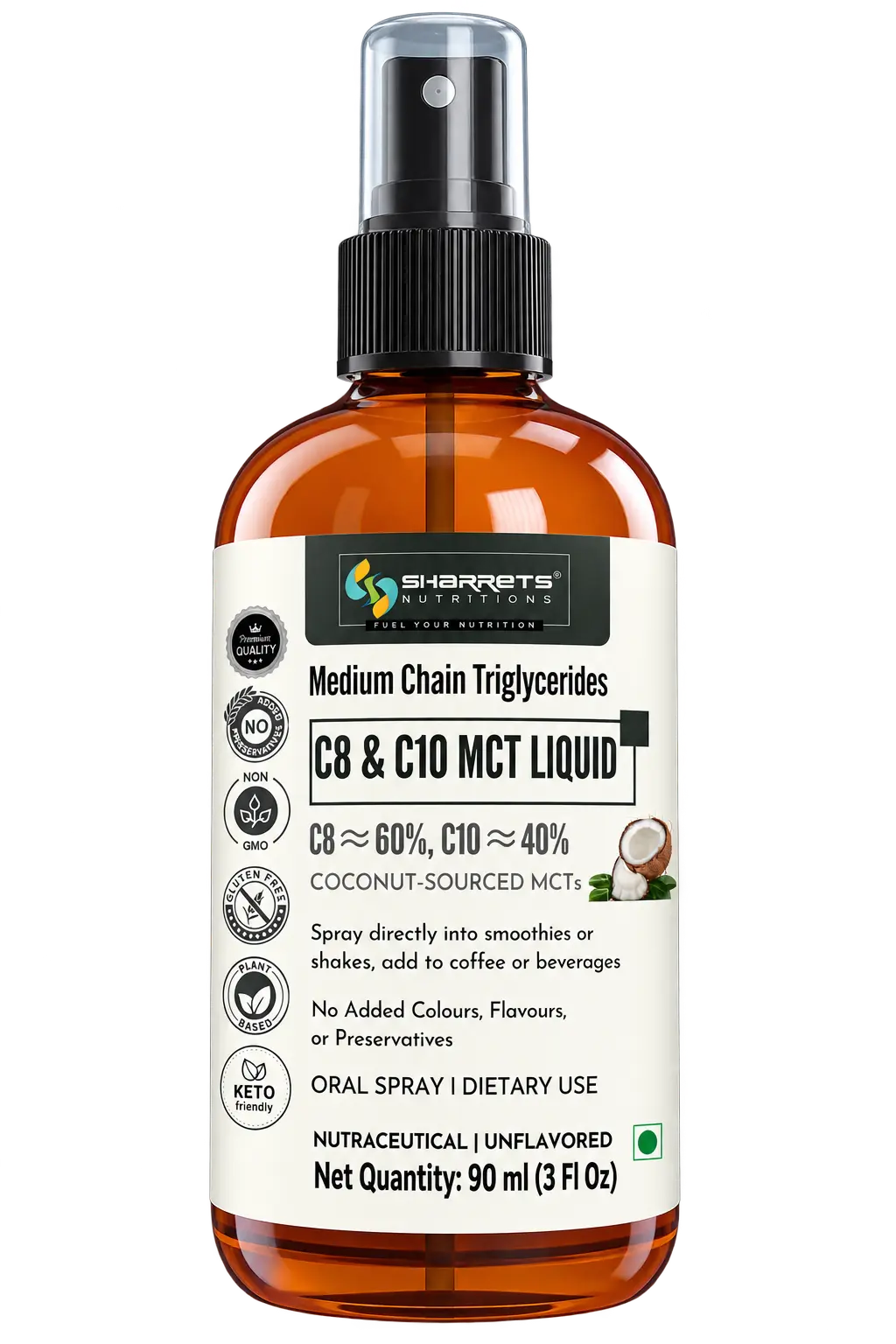 Sharrets C8 C10 MCT Oil Liquid 90 ml coconut-sourced MCT oil with approximately 60% C8 and 40% C10, unflavoured medium chain triglycerides for dietary & topical use