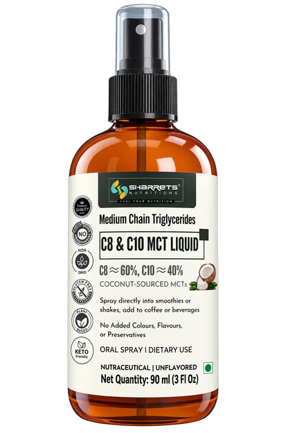Sharrets C8 C10 MCT Oil Liquid 90 ml coconut-sourced MCT oil with approximately 60% C8 and 40% C10, unflavoured medium chain triglycerides for dietary & topical use