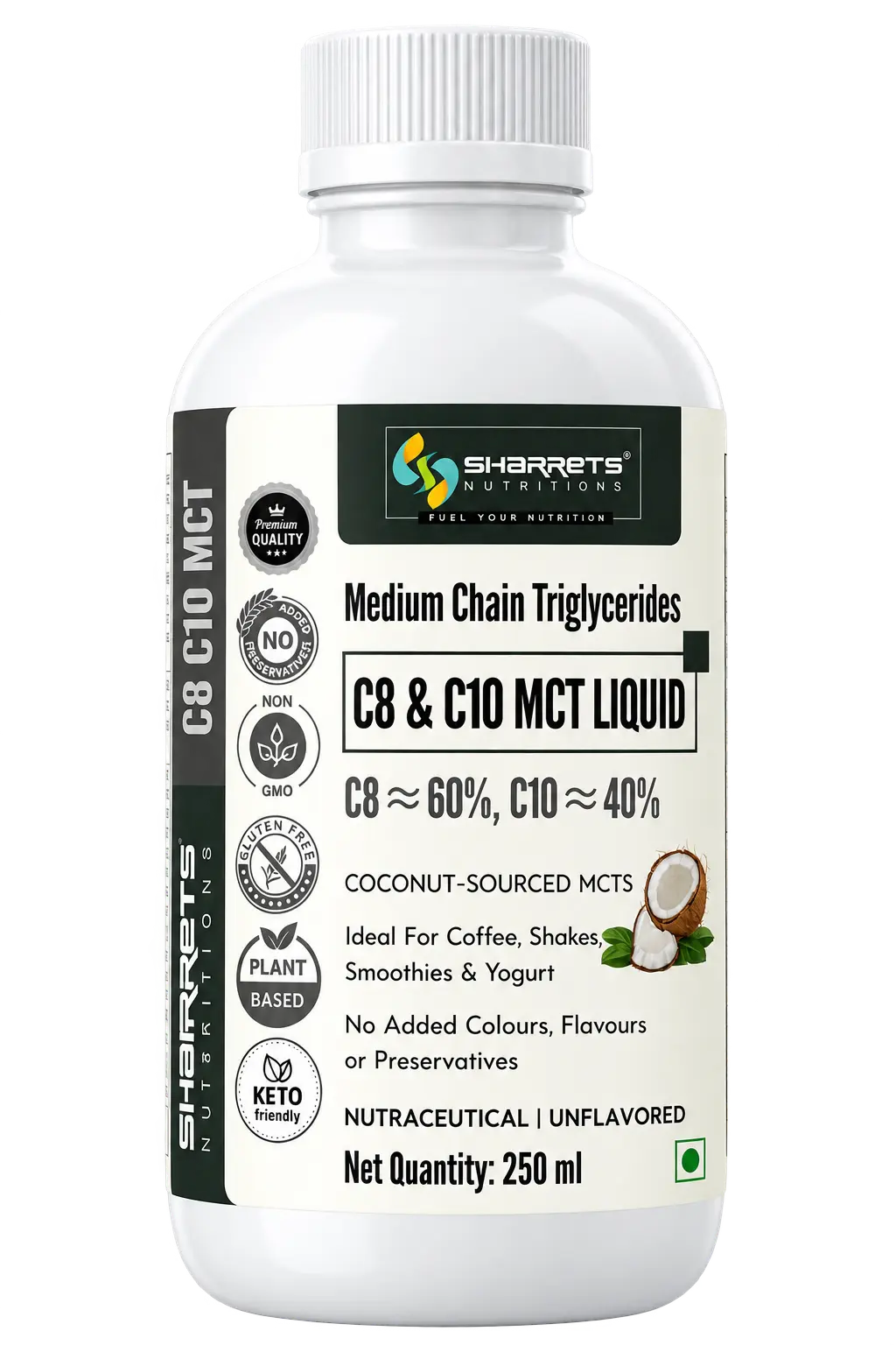 Sharrets C8 C10 MCT Oil Liquid 250 ml coconut-sourced medium chain triglycerides with approximately 60% C8 and 40% C10, unflavoured MCT oil