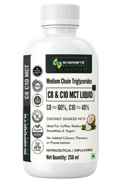 Sharrets C8 C10 MCT Oil Liquid 250 ml coconut-sourced medium chain triglycerides with approximately 60% C8 and 40% C10, unflavoured MCT oil