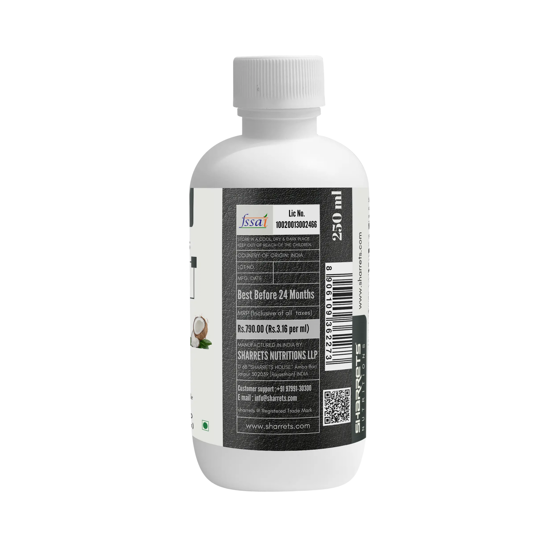 White bottle with a label on a white background - sharrets c8 c10 mct oil 250 ml right image