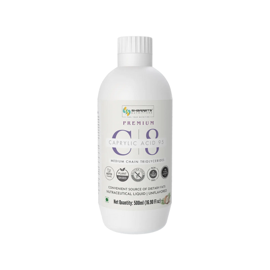 Sharrets Premium C8 MCT Oil 95% Caprylic Acid 500ml, unflavoured medium-chain triglyceride oil derived from coconut oil.