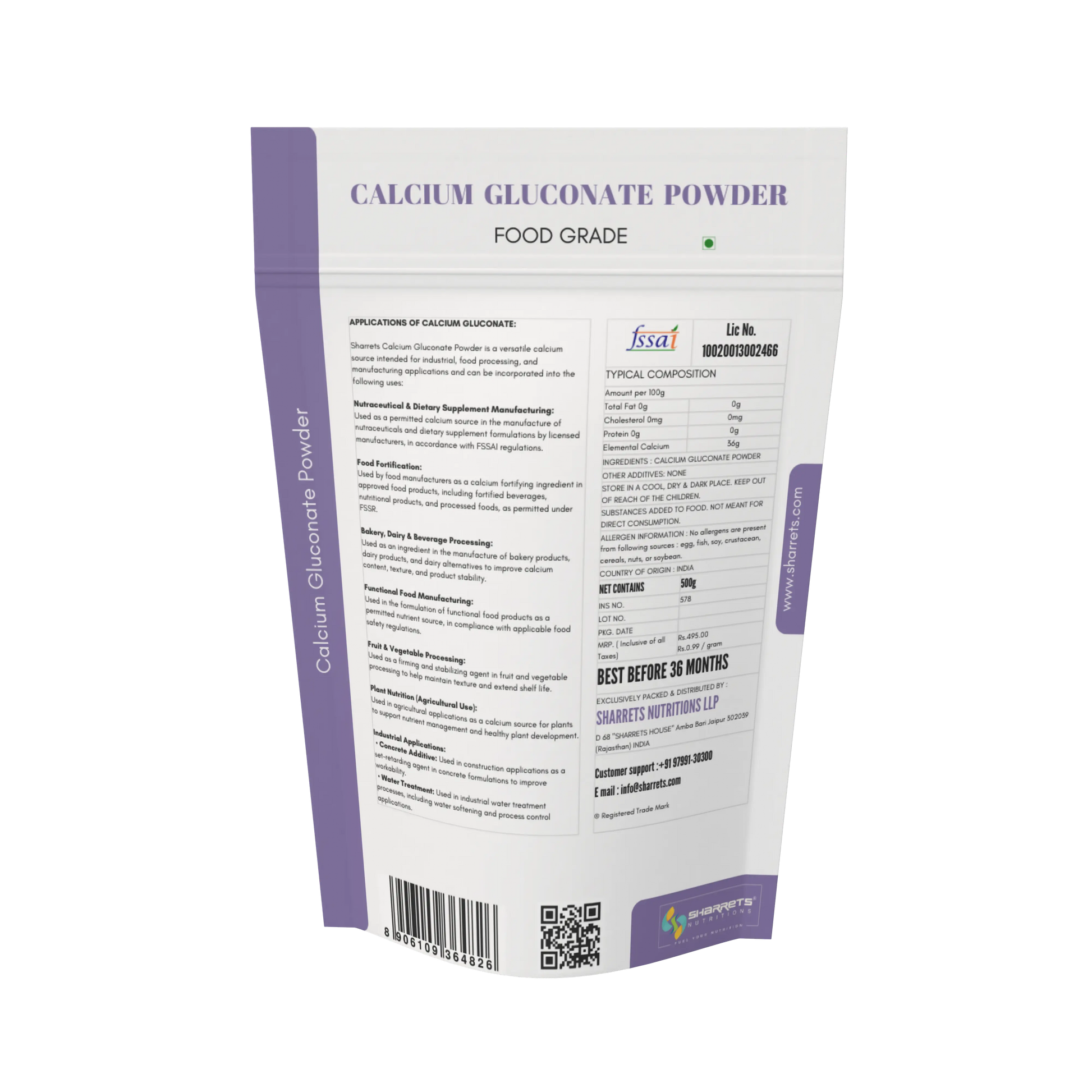 Package OF  SHARRETS  calcium gluconate powder with text and a QR code on a white background