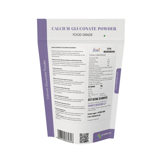 Package OF  SHARRETS  calcium gluconate powder with text and a QR code on a white background
