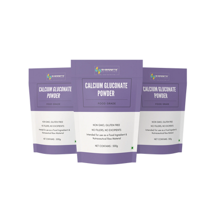 Three packages of SHARRETS Calcium Gluconate Powder on a white background