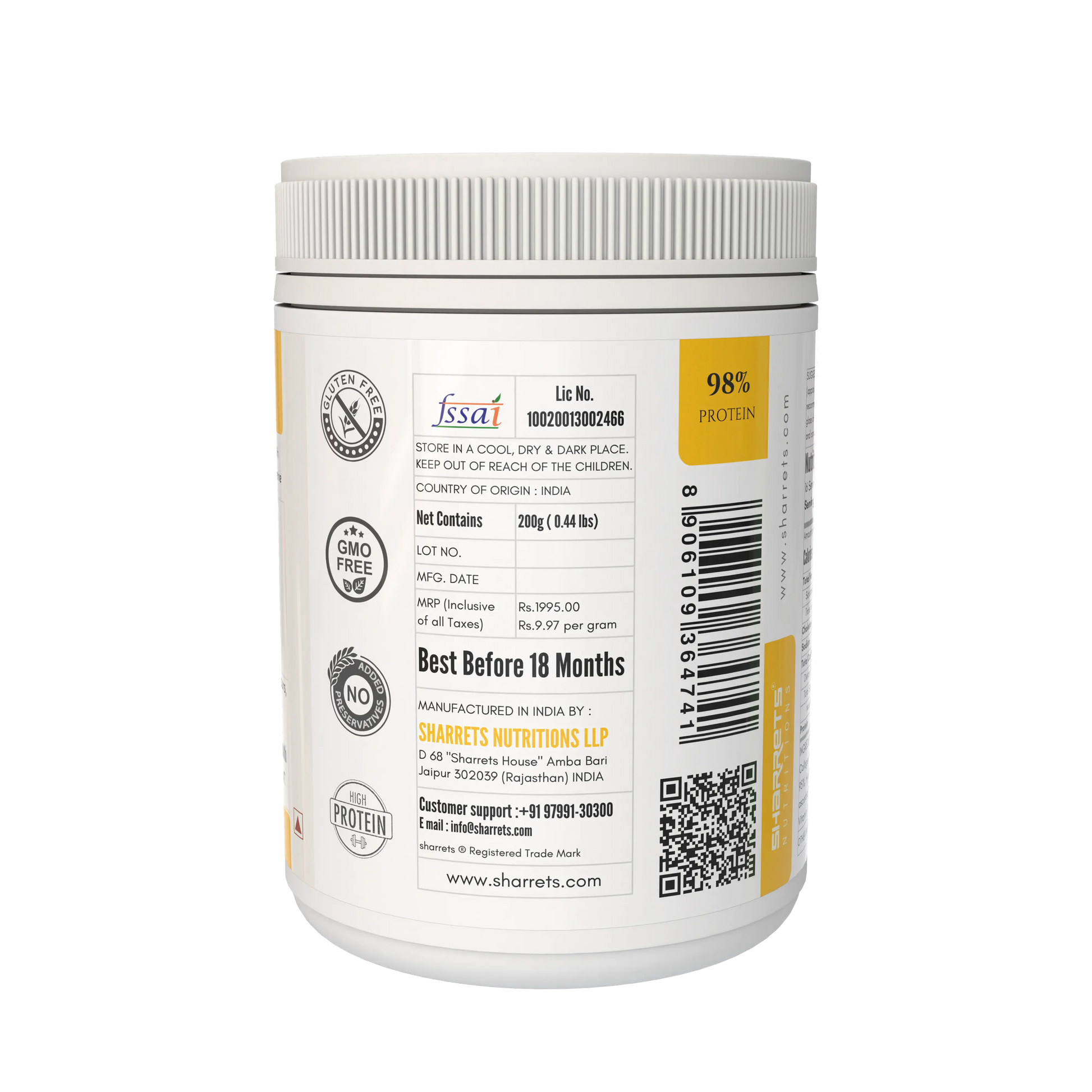 Back view of a protein supplement container with labels and text on a white background