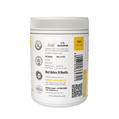 Back view of a protein supplement container with labels and text on a white background