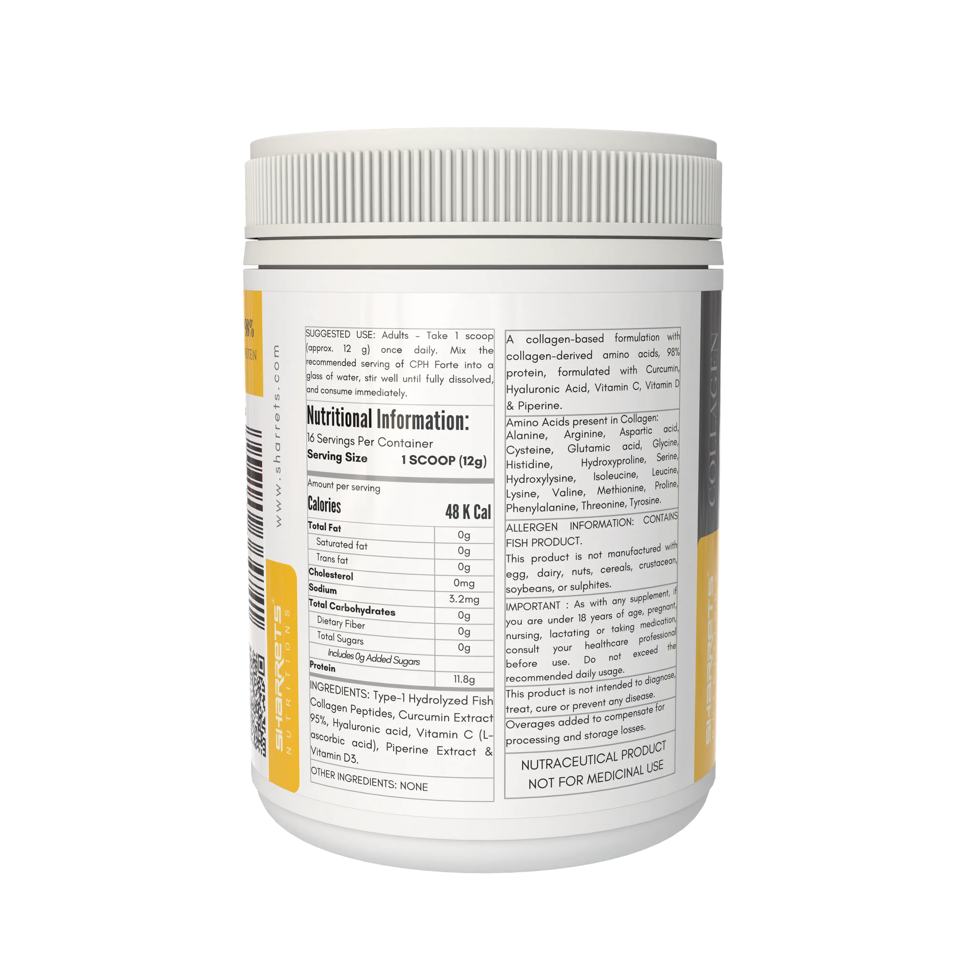 Nutritional information label on a supplement container with a white background
