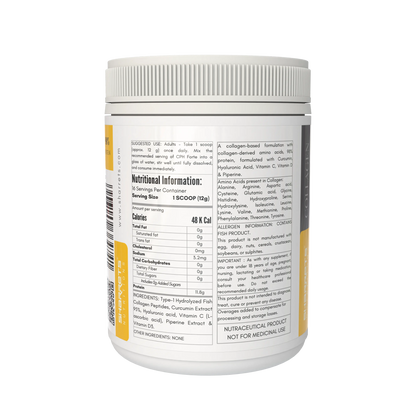 Nutritional information label on a supplement container with a white background