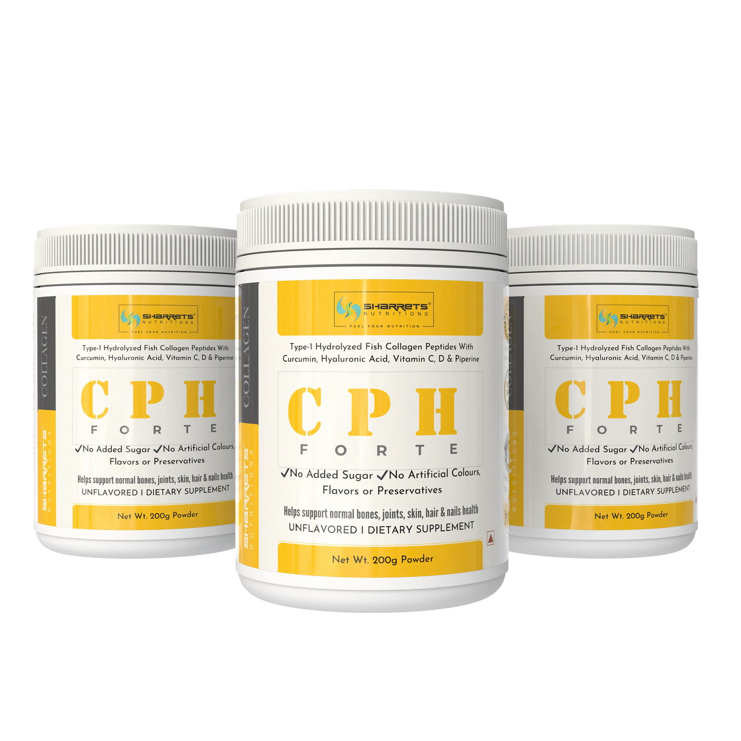 Three containers of CPH Forte supplement on a white background