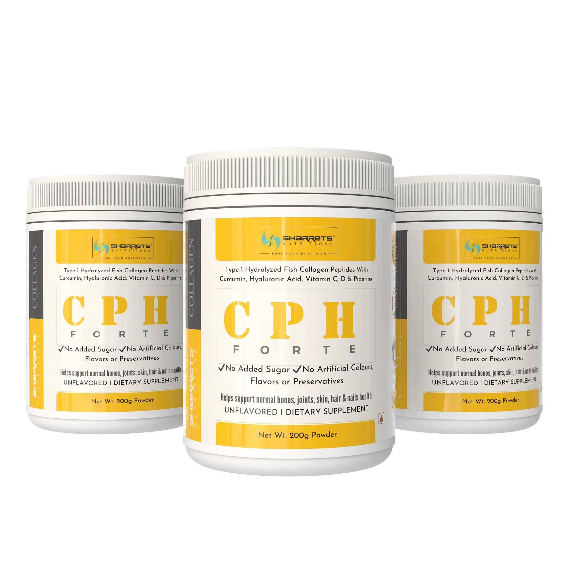Three containers of CPH Forte supplement on a white background