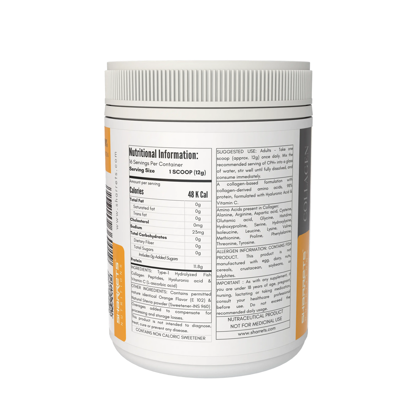 Nutritional information label on a supplement container with a white background -Sharrets CPH+ Fish Collagen Supplement
Best collagen powders in india