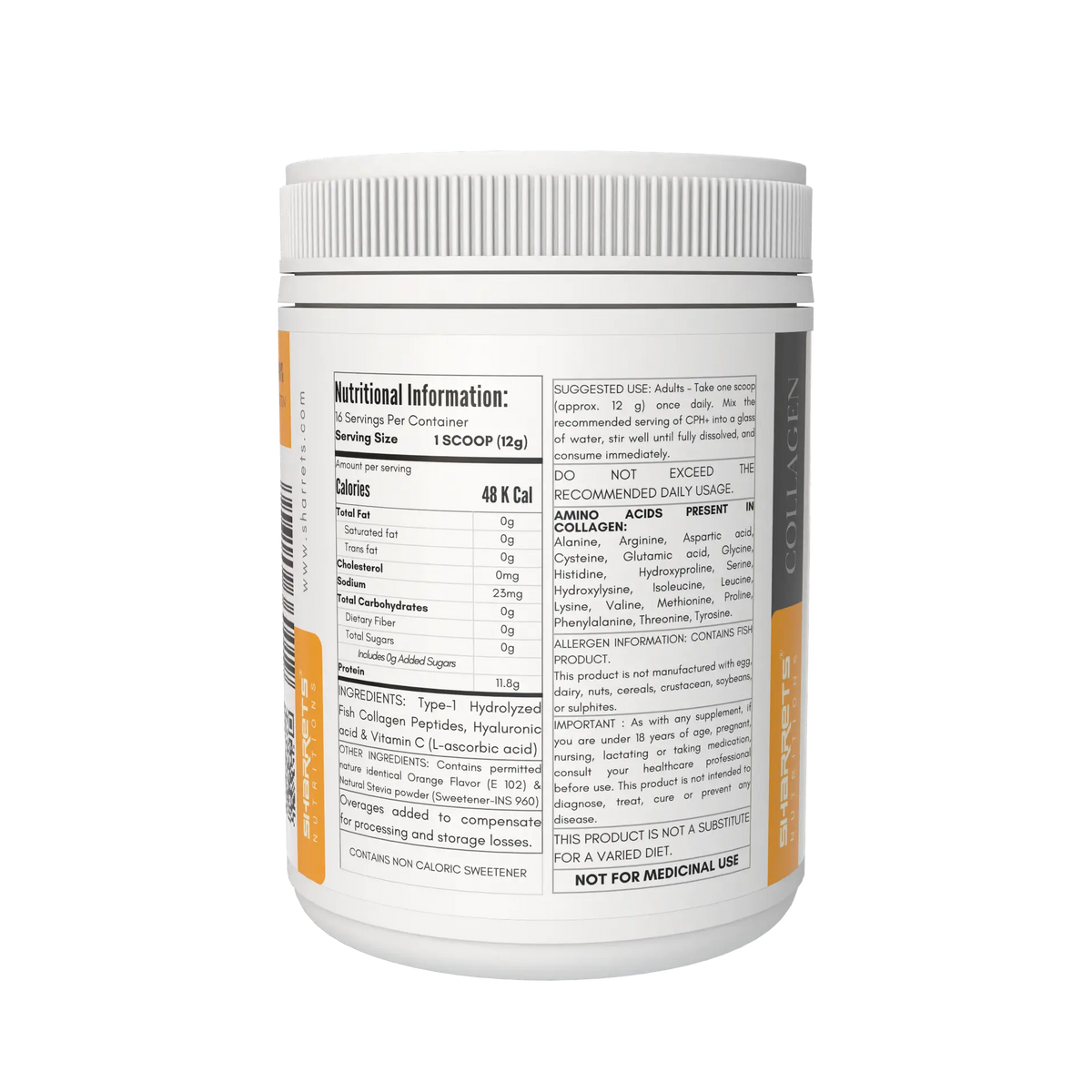 Sharrets CPH+ Marine Collagen Powder (Type 1) with Vitamin C & Hyaluronic Acid- Orange flavored 200g