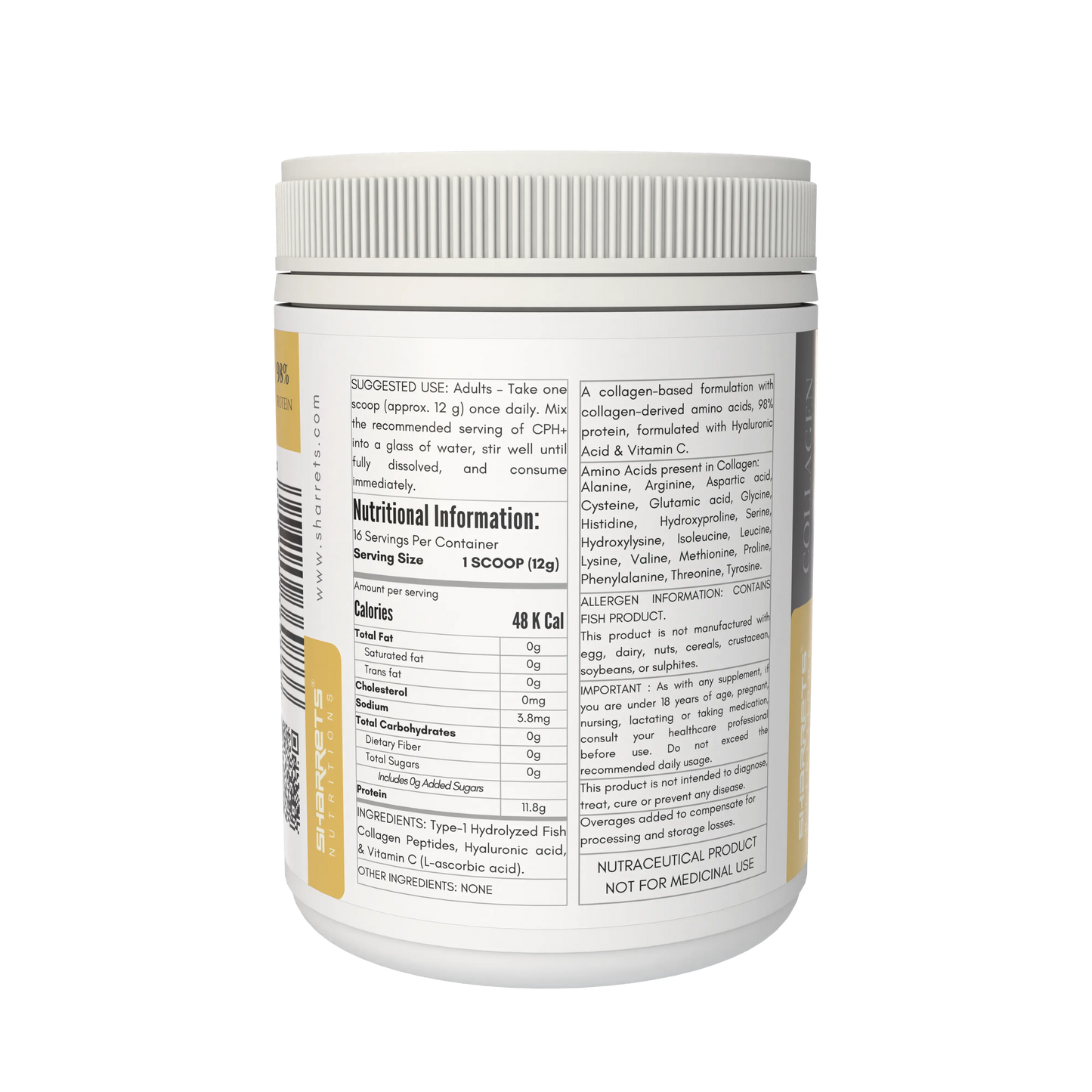 Nutritional information label on a supplement container with a white background