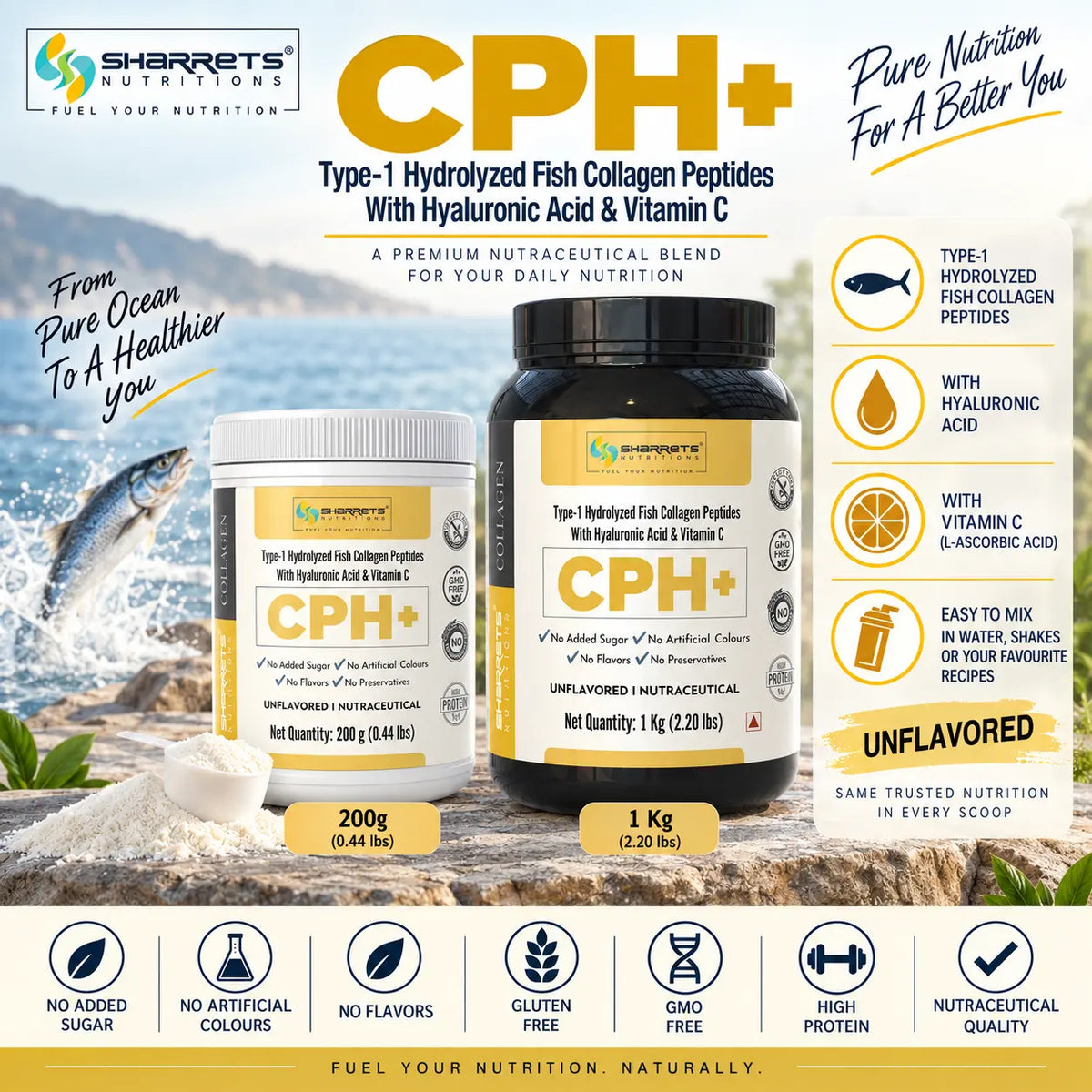 Promotional graphic for Sharrets Nutrition's CPH+ Type-1 Hydrolyzed Fish Collagen Peptides. The image features two product containers: a 200g white jar and a 1 Kg black jar, both with white labels.