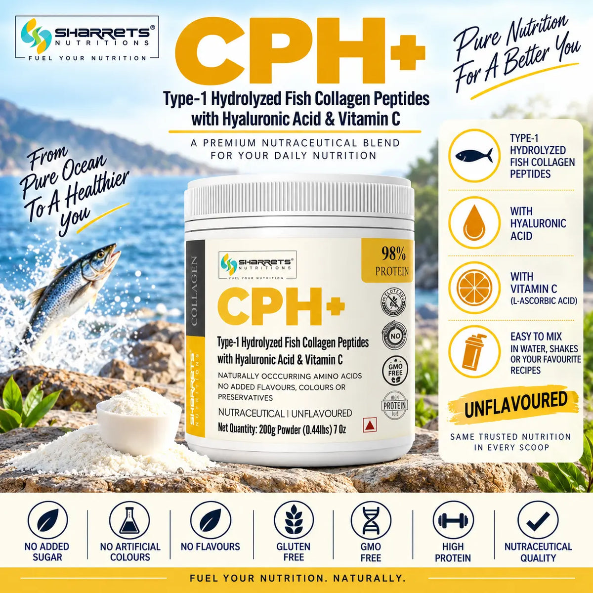 Sharrets CPH+ unflavoured fish collagen peptides product information with hyaluronic acid, vitamin C and easy mixing – 200g