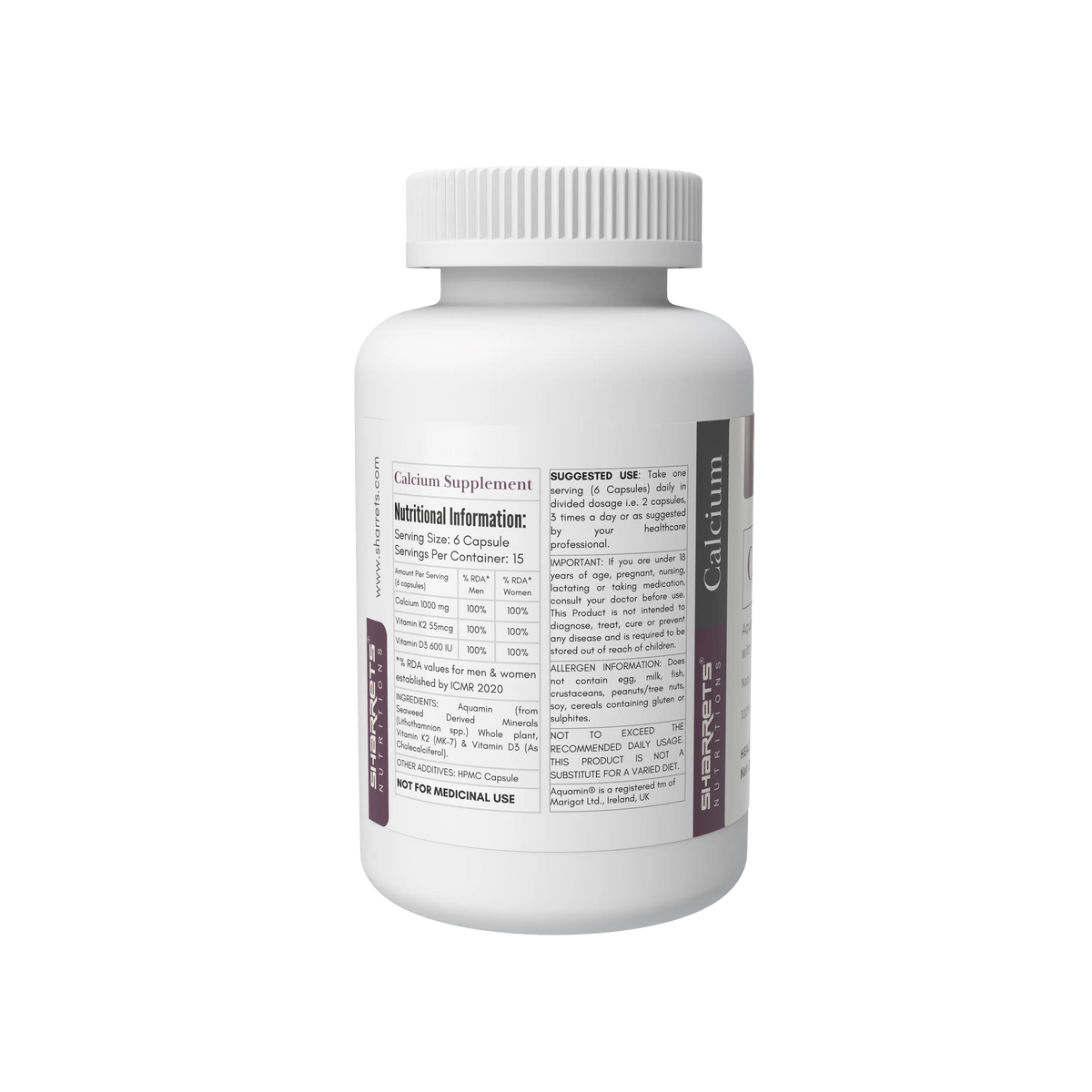 Sharrets Calcium Capsules label showing nutritional information, Calcium 1000 mg, Vitamin K2 55 mcg and Vitamin D3 600 IU