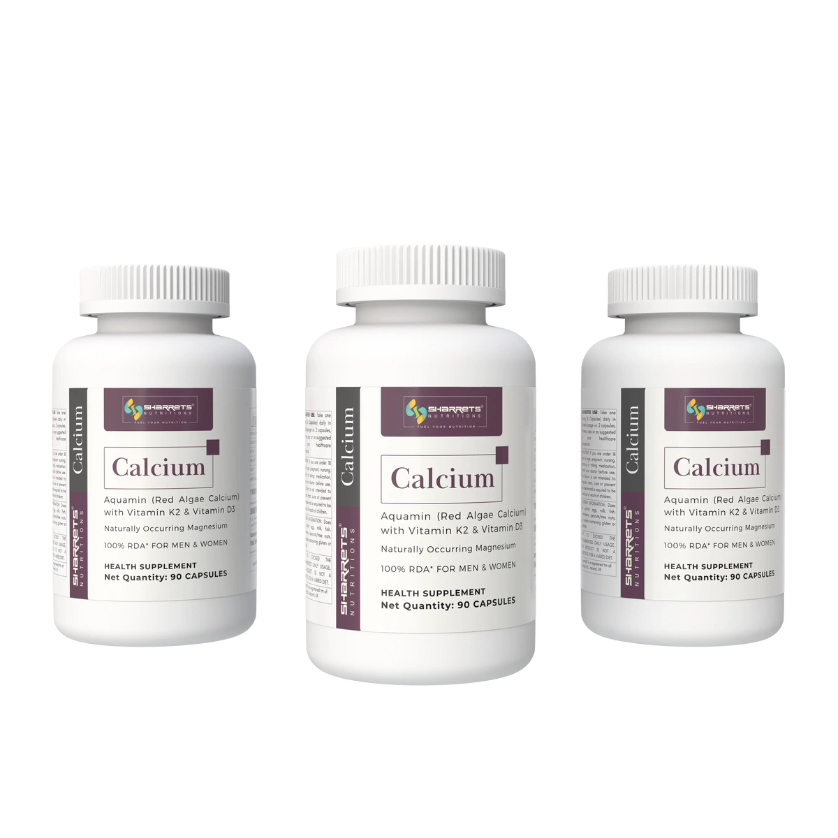 Sharrets Calcium Capsules 90 Count – Pack of 3 with Aquamin Red Algae Calcium, Vitamin K2 and Vitamin D3
