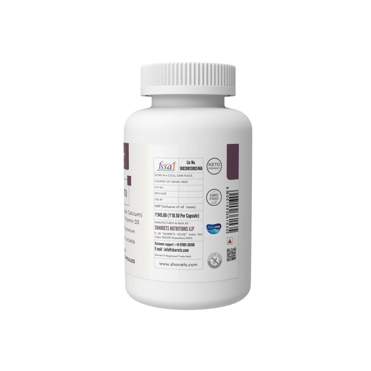 Sharrets Calcium Capsules packaging showing FSSAI details, ingredients, storage information and manufacturer details