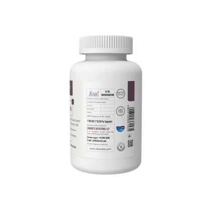 Sharrets Calcium Capsules packaging showing FSSAI details, ingredients, storage information and manufacturer details