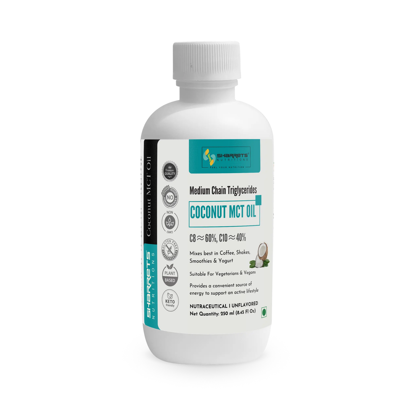 Bottle of sharrets coconut MCT oil 250ml on a white background