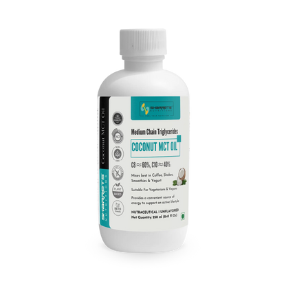 Bottle of sharrets coconut MCT oil 250ml on a white background