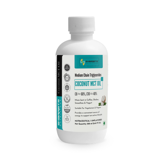 Bottle of sharrets coconut MCT oil 250ml on a white background