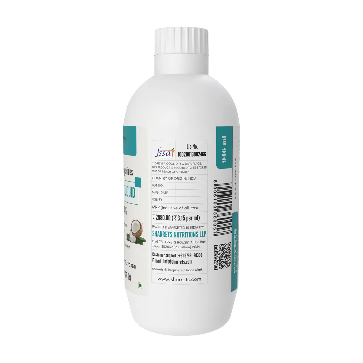 Sharrets Coconut MCT Oil 946ml bottle showing FSSAI, packaging and manufacturer details