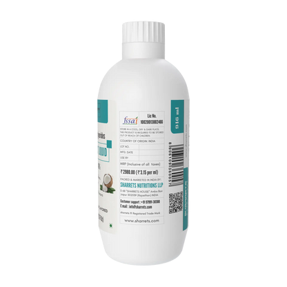 Sharrets Coconut MCT Oil 946ml bottle showing FSSAI, packaging and manufacturer details