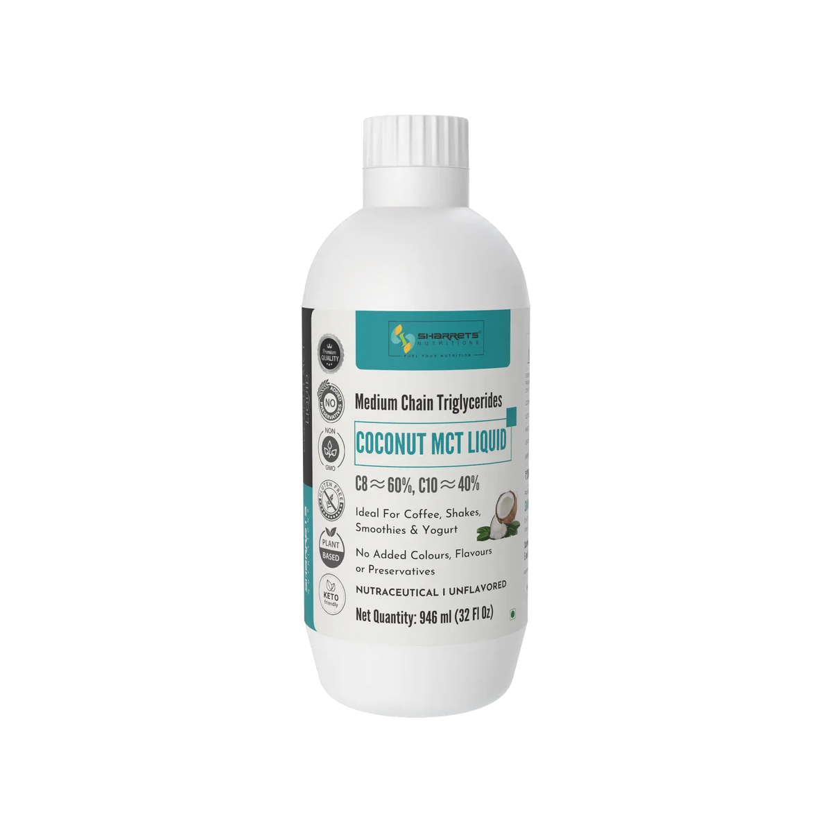 Sharrets Coconut MCT Oil 60:40 C8 C10 946ml bottle – unflavoured MCT liquid