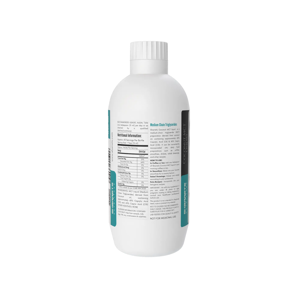 Sharrets Coconut MCT Oil 946ml bottle showing nutritional information and product details