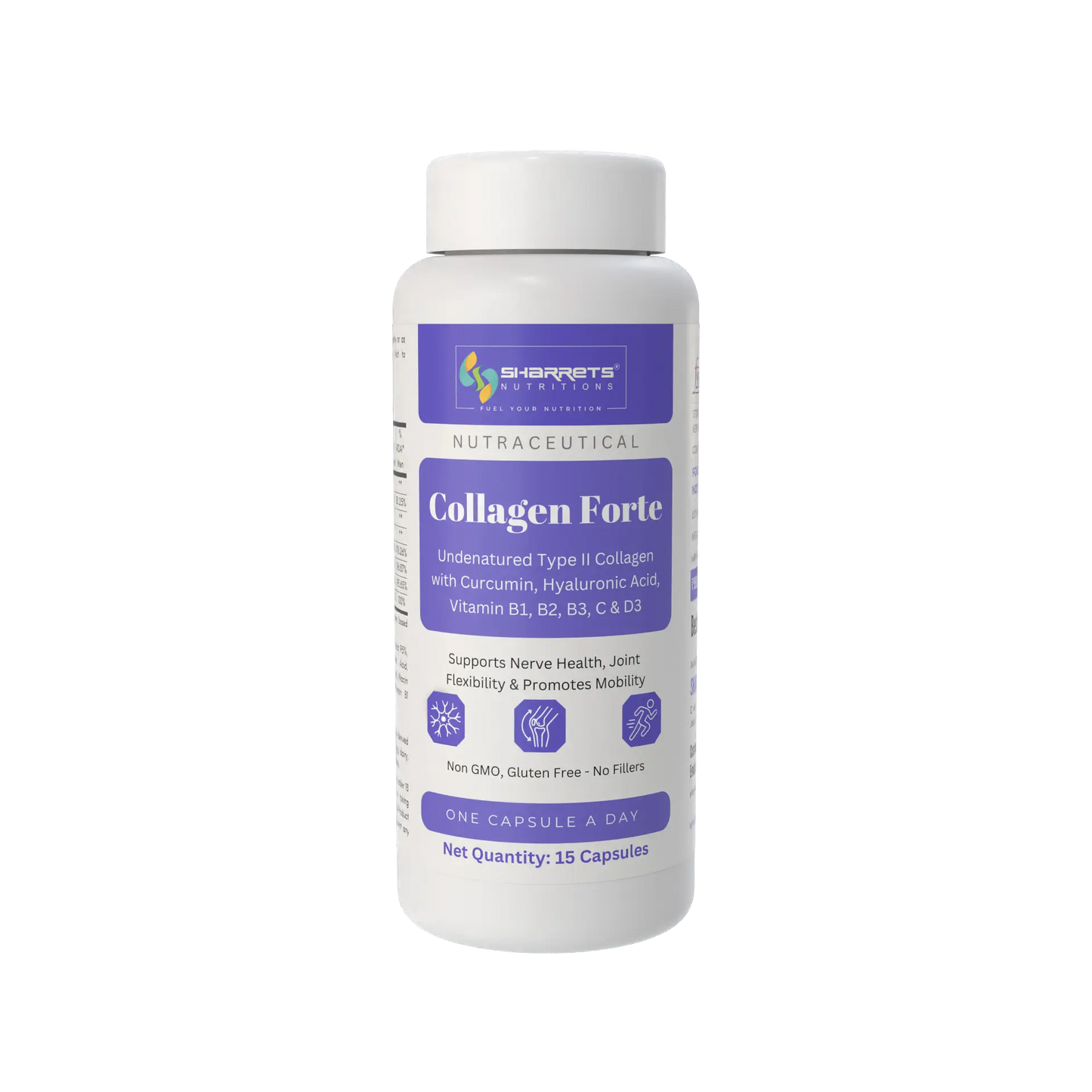 Sharrets Nutritions Collagen Forte Supplement with Undenatured Type II Collagen, Curcumin, Hyaluronic Acid, Vitamin C, D3, B1, B2 & B3 - 15 Capsules