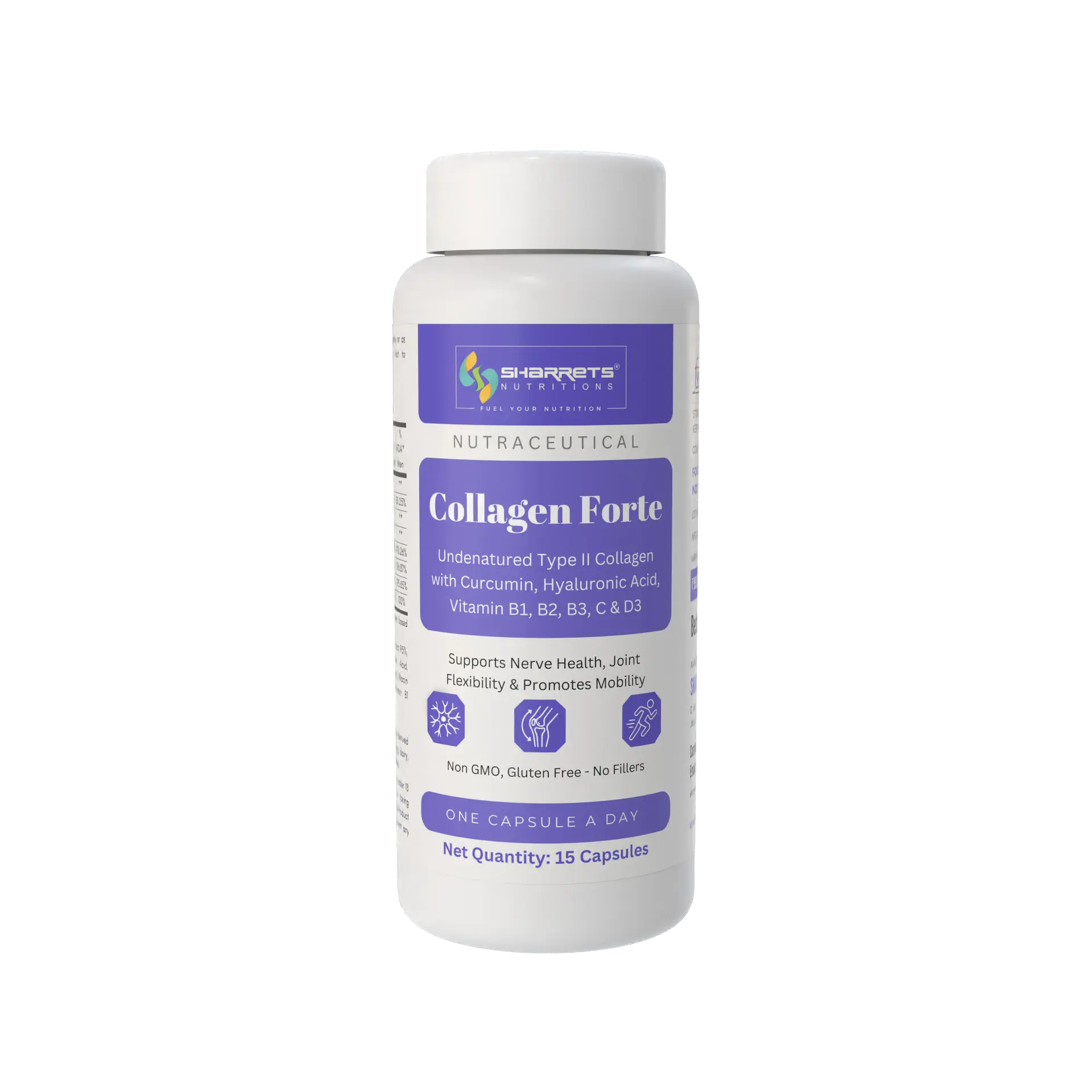Sharrets Nutritions Collagen Forte Supplement with Undenatured Type II Collagen, Curcumin, Hyaluronic Acid, Vitamin C, D3, B1, B2 & B3 - 15 Capsules