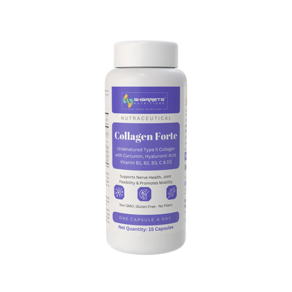 Sharrets Nutritions Collagen Forte Supplement with Undenatured Type II Collagen, Curcumin, Hyaluronic Acid, Vitamin C, D3, B1, B2 & B3 - 15 Capsules