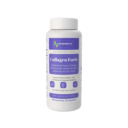 Sharrets Nutritions Collagen Forte Supplement with Undenatured Type II Collagen, Curcumin, Hyaluronic Acid, Vitamin C, D3, B1, B2 & B3 - 15 Capsules