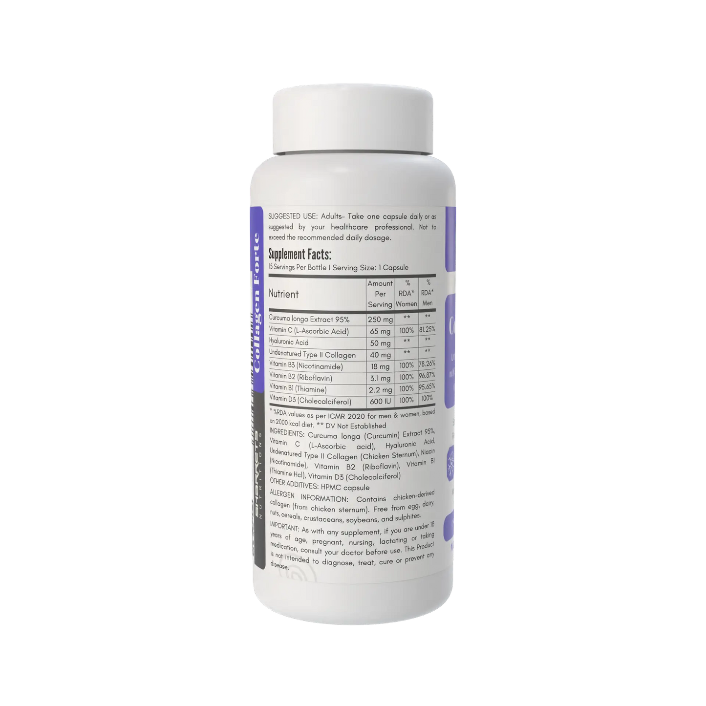 Sharrets Nutritions Collagen Forte Supplement with Undenatured Type II Collagen, Curcumin, Hyaluronic Acid, Vitamin C, D3, B1, B2 & B3 