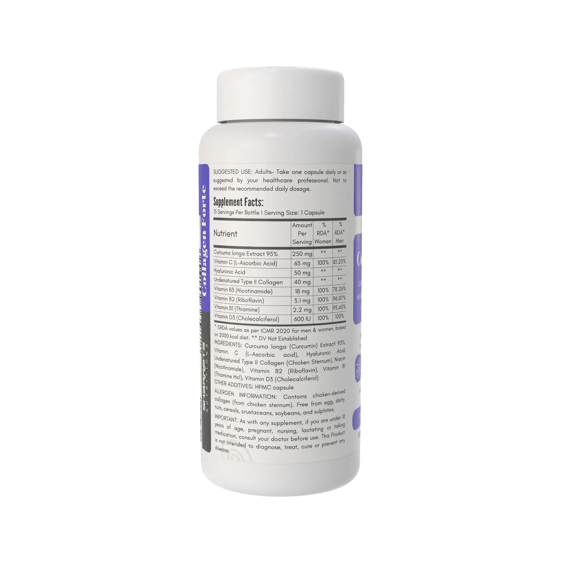 Sharrets Nutritions Collagen Forte Supplement with Undenatured Type II Collagen, Curcumin, Hyaluronic Acid, Vitamin C, D3, B1, B2 & B3 