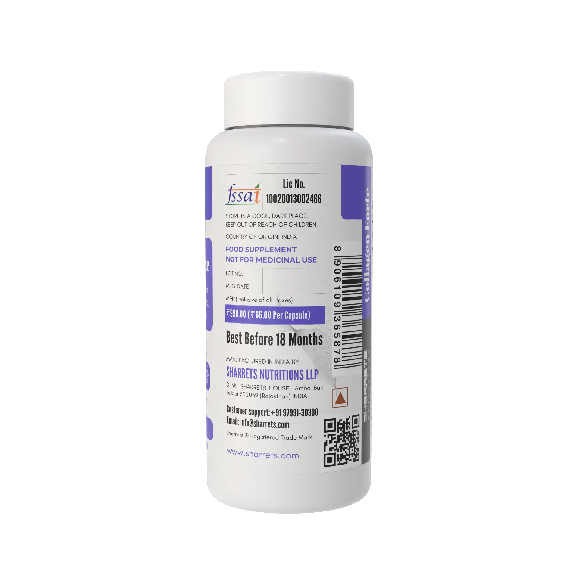 Sharrets Nutritions Collagen Forte Supplement with Undenatured Type II Collagen, Curcumin, Hyaluronic Acid, Vitamin C, D3, B1, B2 & B3 