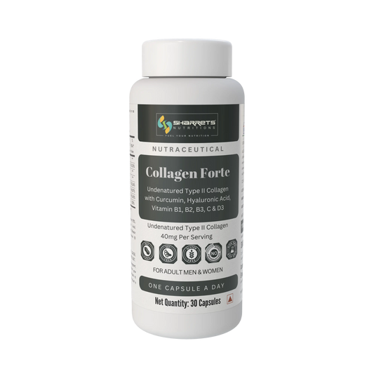 A white plastic bottle of Sharrets nutritions  Collagen Forte nutraceutical capsules, featuring a dark gray and white label with text and icons, set against a plain white background.