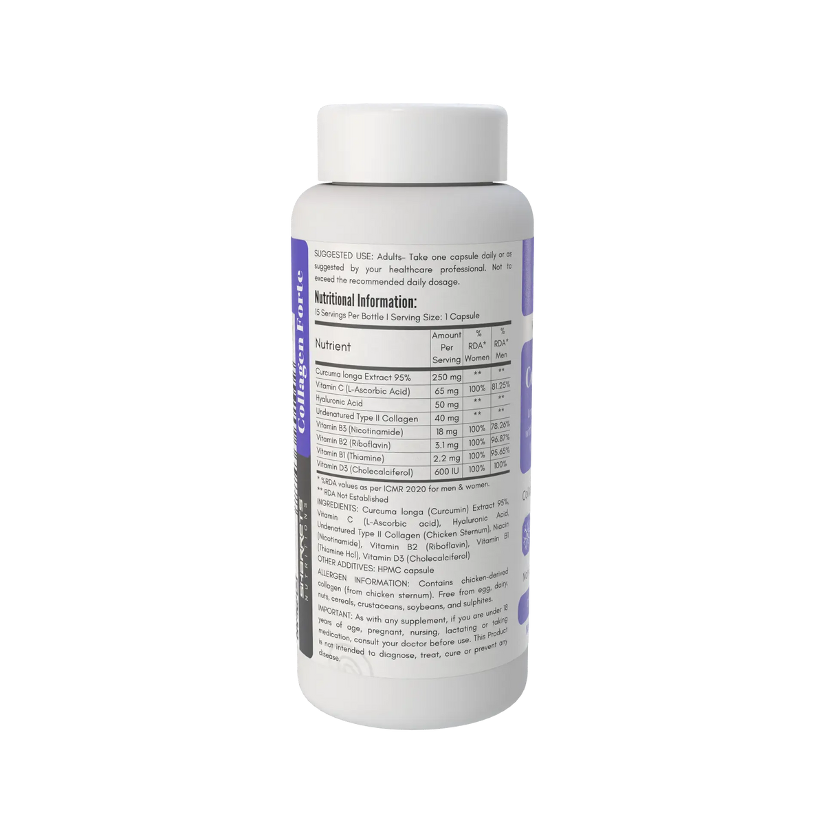 Sharrets Undenatured Type II Collagen with Curcumin, Hyaluronic Acid, Vitamin C, D3, B1, B2 & B3- Nutritional Information Table 