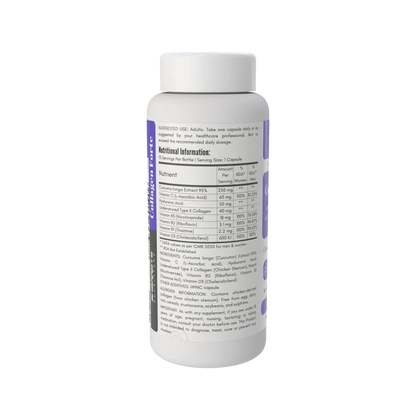 Sharrets Undenatured Type II Collagen with Curcumin, Hyaluronic Acid, Vitamin C, D3, B1, B2 & B3- Nutritional Information Table 