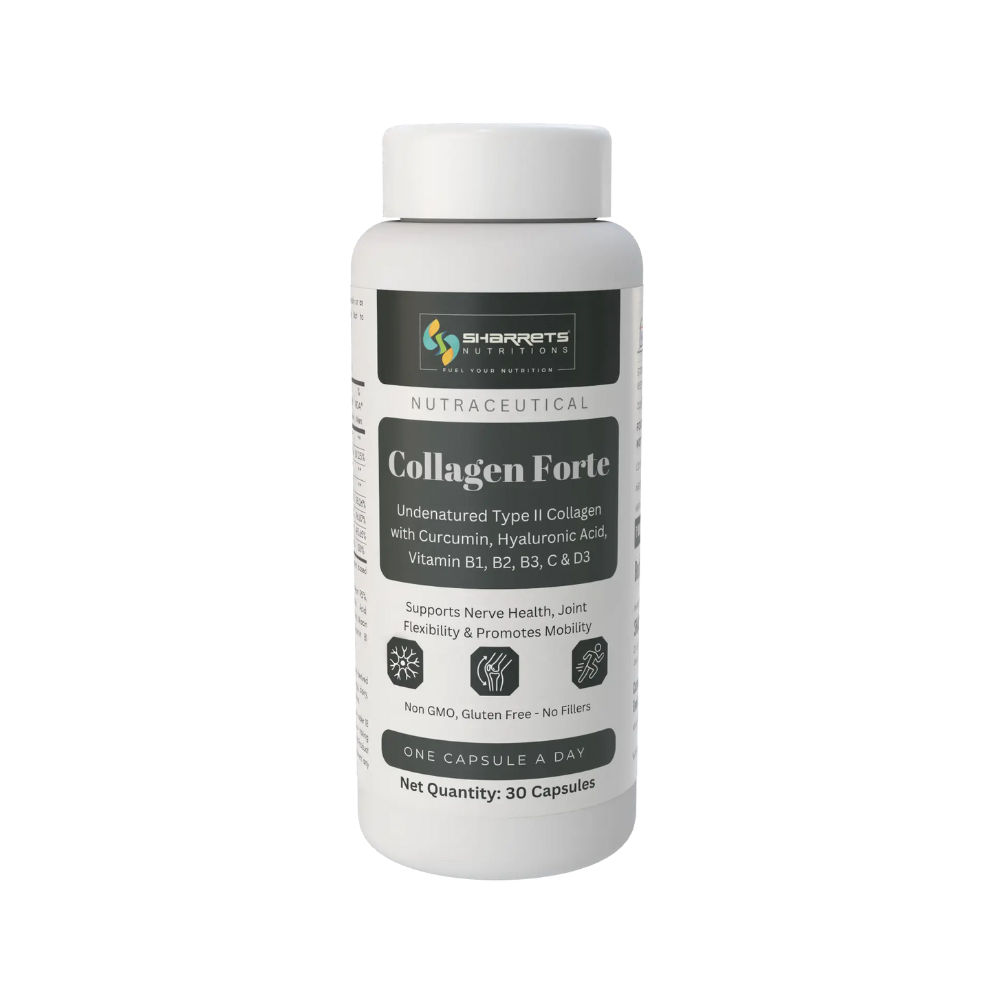 Sharrets Nutritions Collagen Forte Supplement with Undenatured Type II Collagen, Curcumin, Hyaluronic Acid, Vitamin C, D3, B1, B2 & B3 - 30 Capsules