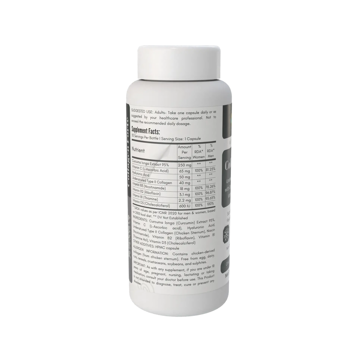 Sharrets Nutritions Collagen Forte Supplement with Undenatured Type II Collagen, Curcumin, Hyaluronic Acid, Vitamin C, D3, B1, B2 & B3 