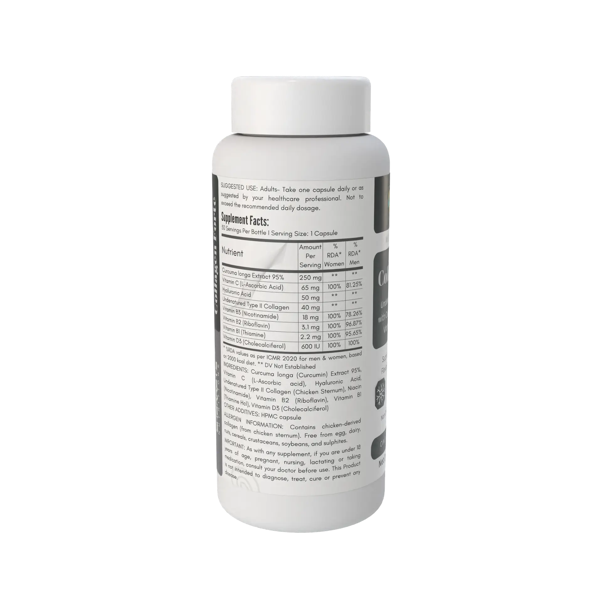 Sharrets Nutritions Collagen Forte Supplement with Undenatured Type II Collagen, Curcumin, Hyaluronic Acid, Vitamin C, D3, B1, B2 & B3 
