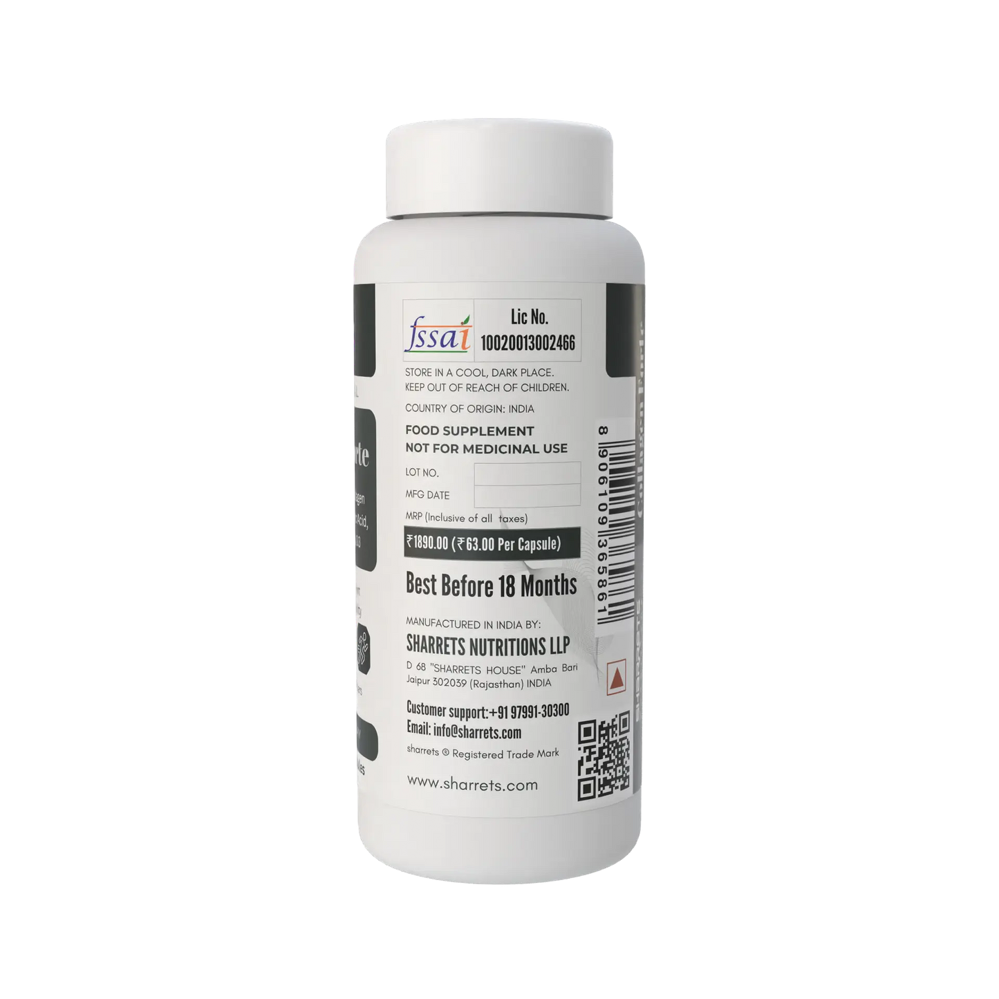Sharrets Nutritions Collagen Forte Supplement with Undenatured Type II Collagen, Curcumin, Hyaluronic Acid, Vitamin C, D3, B1, B2 & B3 - 30 Capsules