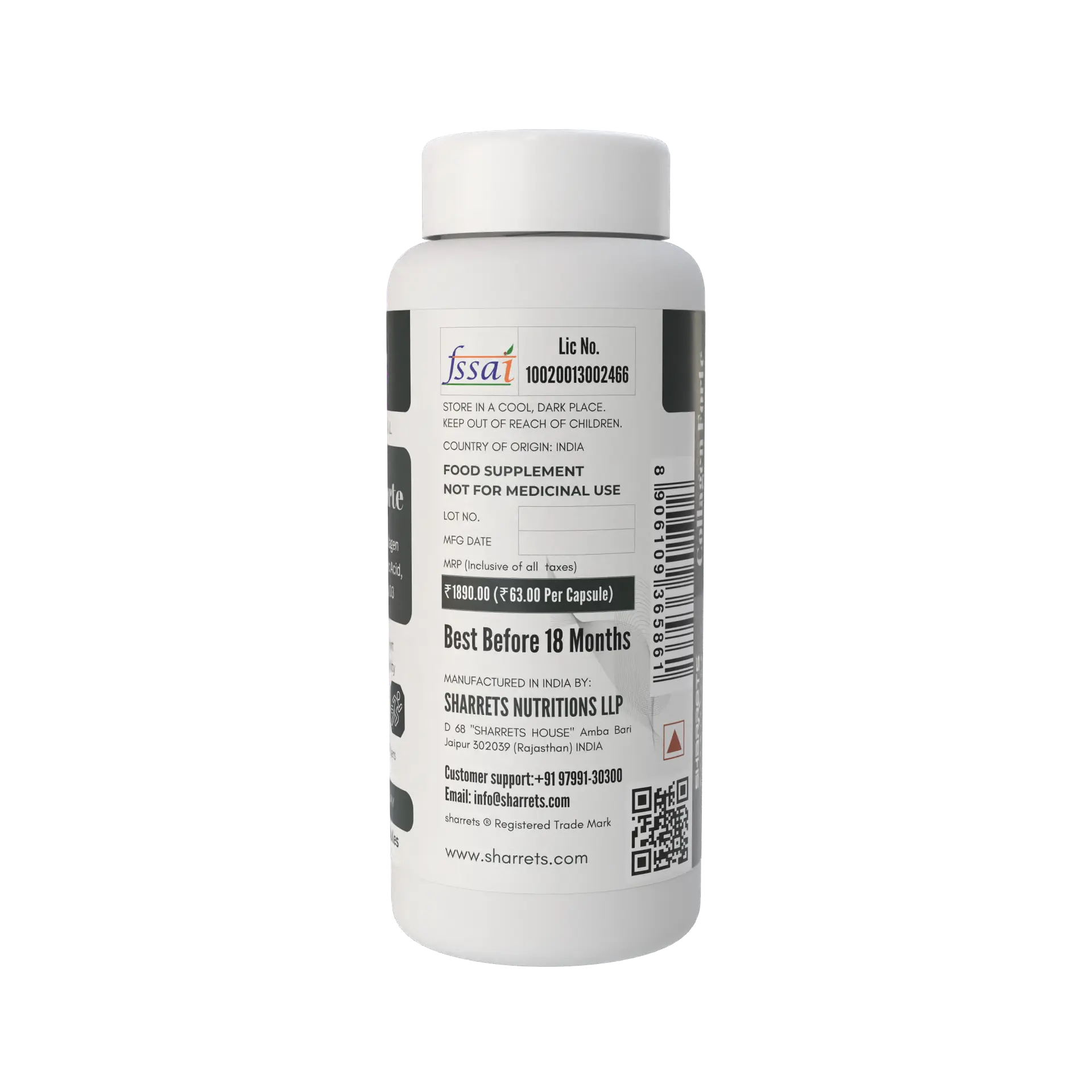 Sharrets Nutritions Collagen Forte Supplement with Undenatured Type II Collagen, Curcumin, Hyaluronic Acid, Vitamin C, D3, B1, B2 & B3 - 30 Capsules