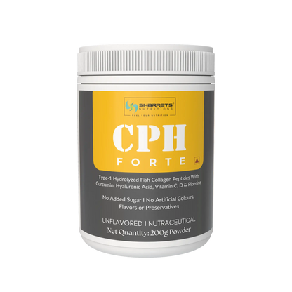 A 200g tub of Sharrets Nutritionss CPH Forte unflavored fish collagen peptides with Curcumin, hyaluronic acid , vitamin c & d3 - featuring a white container with a yellow and dark gray label.
