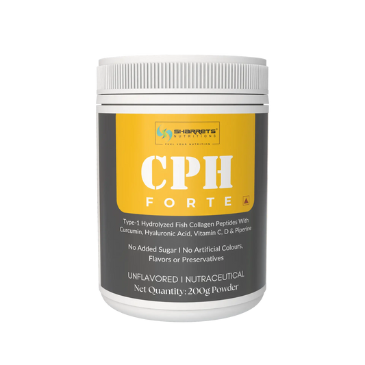 A 200g tub of Sharrets Nutritionss CPH Forte unflavored fish collagen peptides with Curcumin, hyaluronic acid , vitamin c & d3 - featuring a white container with a yellow and dark gray label.