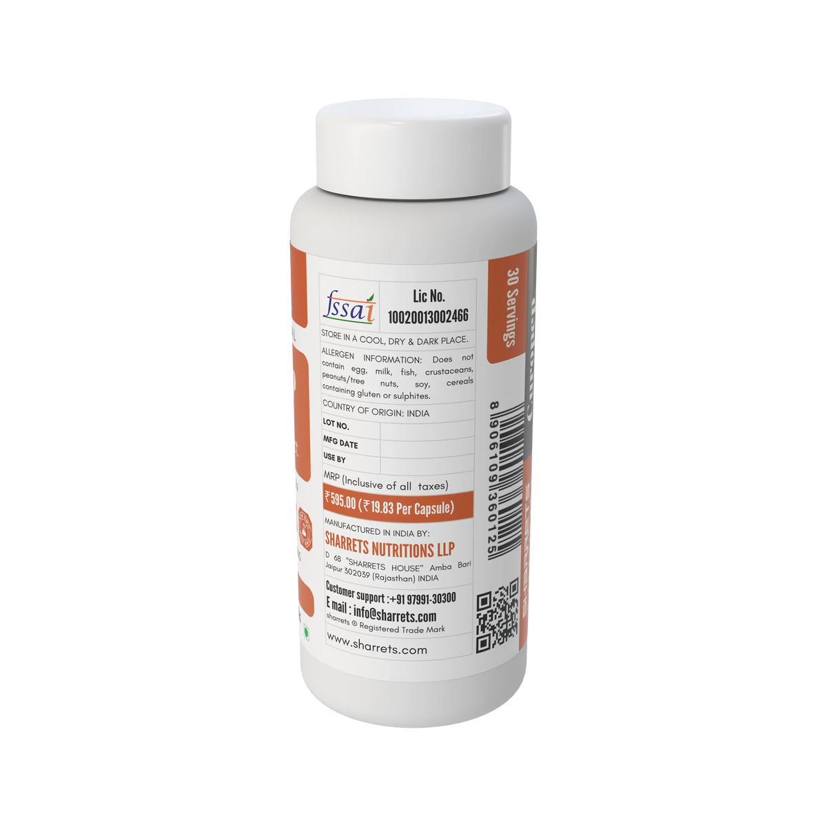 A white plastic bottle of Sharrets Nutritions Lip curcumin turmeric with a white cap, showing the back label with orange and white text and details.